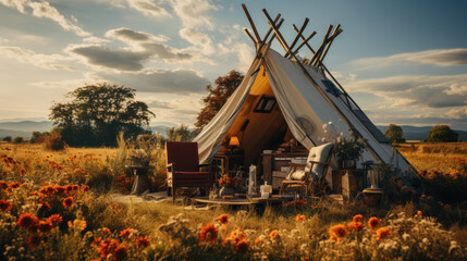 Fototapeta premium A tent in a field. Created with generative AI