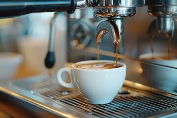 closeup coffee machine pours hot aromatic coffee into a white cup - Powered by Adobe