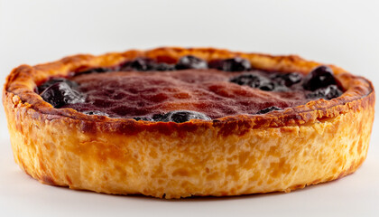 a traditional French Gateau Basque, featuring a golden, buttery crust filled with either pastry cream or black cherry jam, set against a clean white background