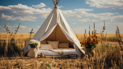 A tent in a field. Created with generative AI