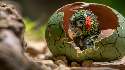 Adorable Newborn Bird Hatching from Cracked Egg Shell in Natural Environment