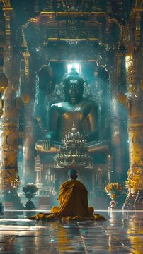 Video vertical recreation of a buddhist monk sitting in a temple in front of a giant statue of Buddha