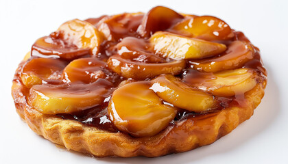 a traditional French tarte Tatin, featuring caramelized apples atop a buttery, flaky pastry, set against a clean white background