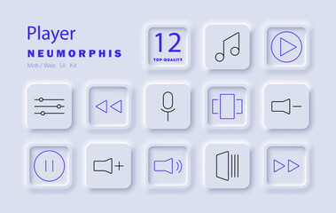 Player set icon. Music note, play, microphone, volume, pause, rewind, forward, equalizer, adjust, speaker, sound, audio.