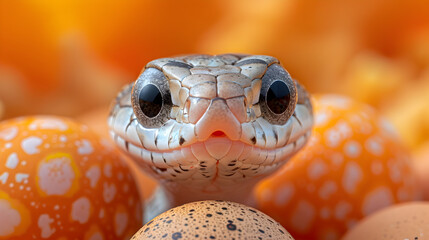 Delightful Baby Snake Emerging from Cracked Eggshell on Vibrant Orange Background