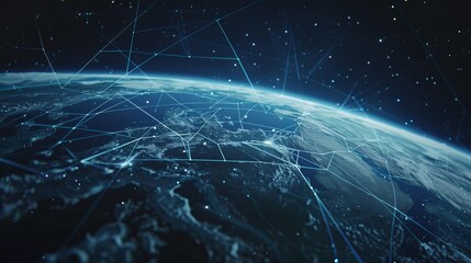 Global connectivity network: futuristic technology backdrop featuring connection lines around earth's surface with circles and lines. Ideal for illustrating internet, social media, travel, and logisti