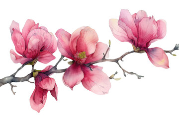 Obraz premium Beautiful watercolor magnolia flowers on a branch, detailed pink petals and green leaves for nature-themed art and decoration.