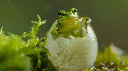 Newborn Green Frog Emerging from Translucent Egg in Natural Setting