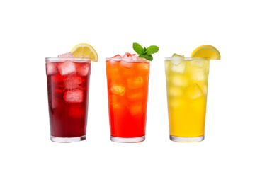 Refreshing assortment of soft drinks PNG on transparent background featuring varied colorful beverages in bottles and cans ideal for graphic design, digital projects, and advertising campaigns