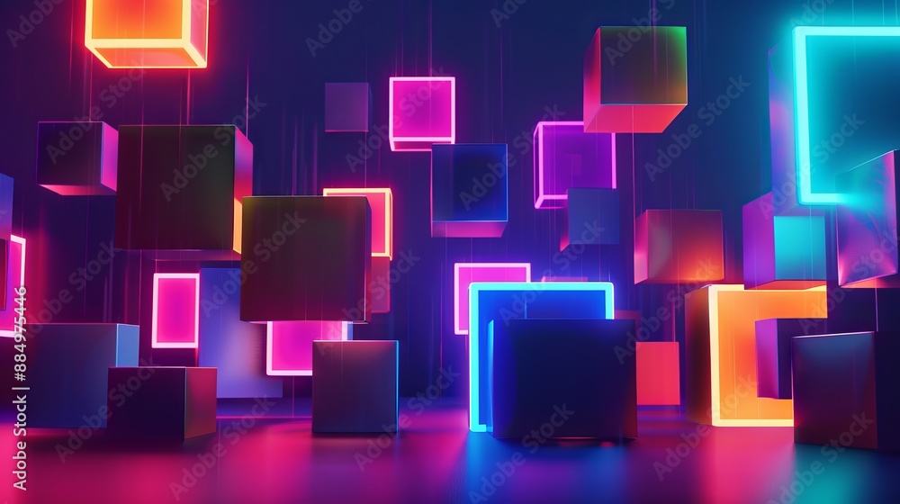 Aufkleber abstract geometric blocks on dark background, futuristic 3d render of minimalist design concept