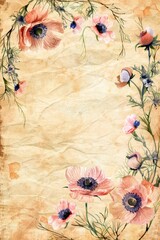 Naklejka premium watercolor vintage scrapbook junk journal page, copy space in center, watercolor clipart of Anemones with floral vine around it at corner border on parchment paper, vintage art, for Junk Journal