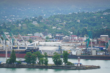 Fototapeta premium Batumi, Georgia - 07.02.2024 : Berth and port for cargo ships and tourist yachts.