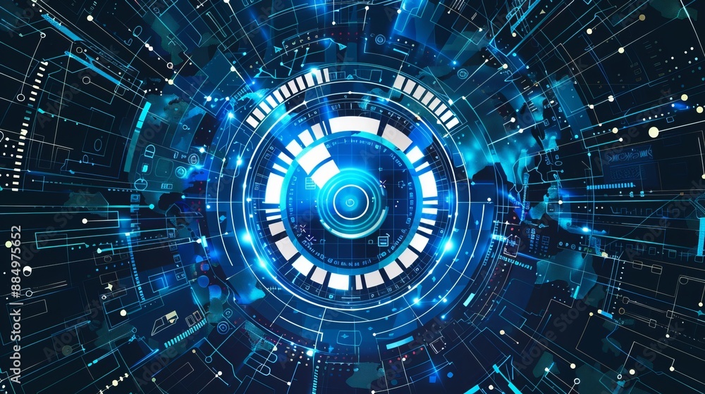 Poster abstract dark blue technology aesthetics with artificial intelligence elements, futuristic digital b