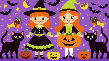 Adorable Witches with Playful Cats and Cheerful Halloween Elements