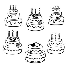 Set of cakes, pies, pastries with candles. Line art. Monochrome black illustration
