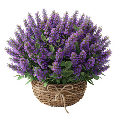 A beautiful arrangement of purple lavender flowers in a woven wicker basket, perfect for home decoration and floral displays.