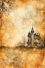 watercolor vintage scrapbook junk journal page, copy space in center, watercolor clipart of Haunted house at bottom corner on parchment paper, vintage art, for Junk Journal, Digital Paper, Printable 