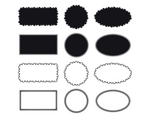 Set of black rectangular, round and oval text or photo frames. Silhouette and linear boundaries. Labels, tags, patches, text box, banner, sticker. Vector illustration on white background