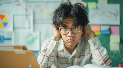 High school student looks stressed looking for something. And behind it is a graph of a mathematical function