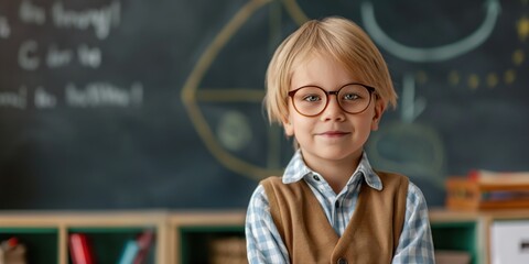 Smart little student in front of a blackboard in a classroom. Clever boy wearing eyeglasses and formal clothes