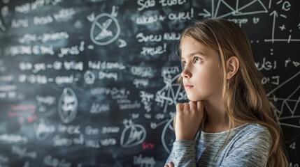 Young  Student Analyzing Hand-Drawn Math Equations on Blackboard 
