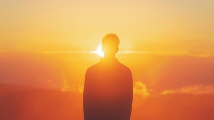 A person feeling optimistic with a sunrise behind, isolated on a white background, copy space, concept of hope and new beginnings