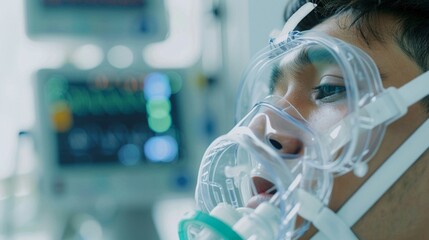 Hospital setting, teenager with an oxygen mask, medical devices and monitors in the background, highlighting the importance of healthcare and respiratory support
