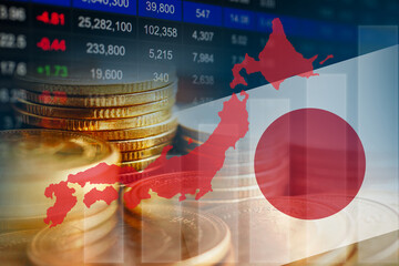 Japan flag and map with stock market finance, economy trend graph digital technology.