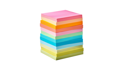 Stack of assorted colorful sticky post-it note papers isolated on transparent background in PNG format for office and school supplies