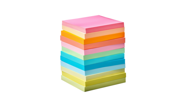 Stack of assorted colorful sticky post-it note papers isolated on transparent background in PNG format for office and school supplies