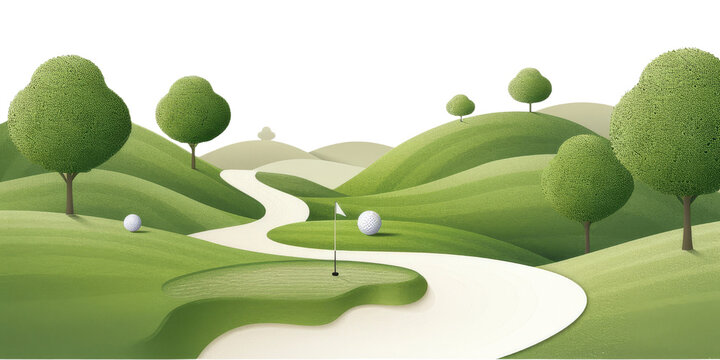 A golf course with a path and a golf ball on the ground