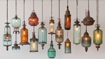 Obraz premium Vintage glass bottle pendant lights hang from ceiling with various shapes, sizes, and colors. Clear, frosted, amber, and green lights with exposed bulbs and metal fixtures - Generative AI