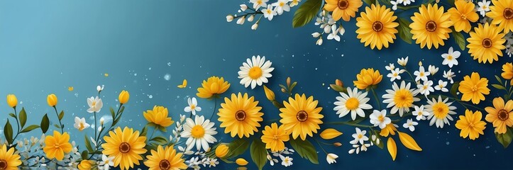 Obraz premium mini yellow flowers theme border and blue background website banner 