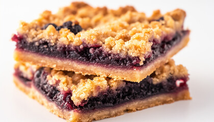 classic crumble bars, featuring a buttery, crumbly base topped with a layer of sweet fruit filling and finished with a streusel topping, set against a clean white background
