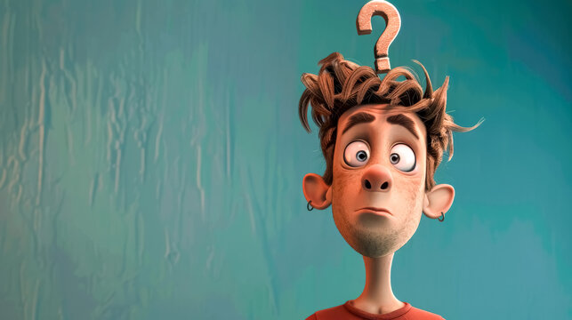 Young man with question mark is looking confused and doubtful