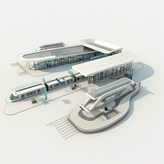 3D Render of an Adaptive Transit Hub with Flexible Platform Layouts and Modular Waiting Areas, on isolated white background, Generative AI