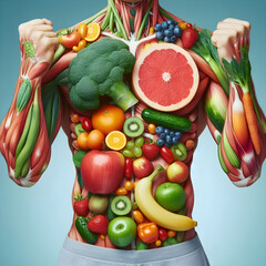 vegetables and fruits with human body