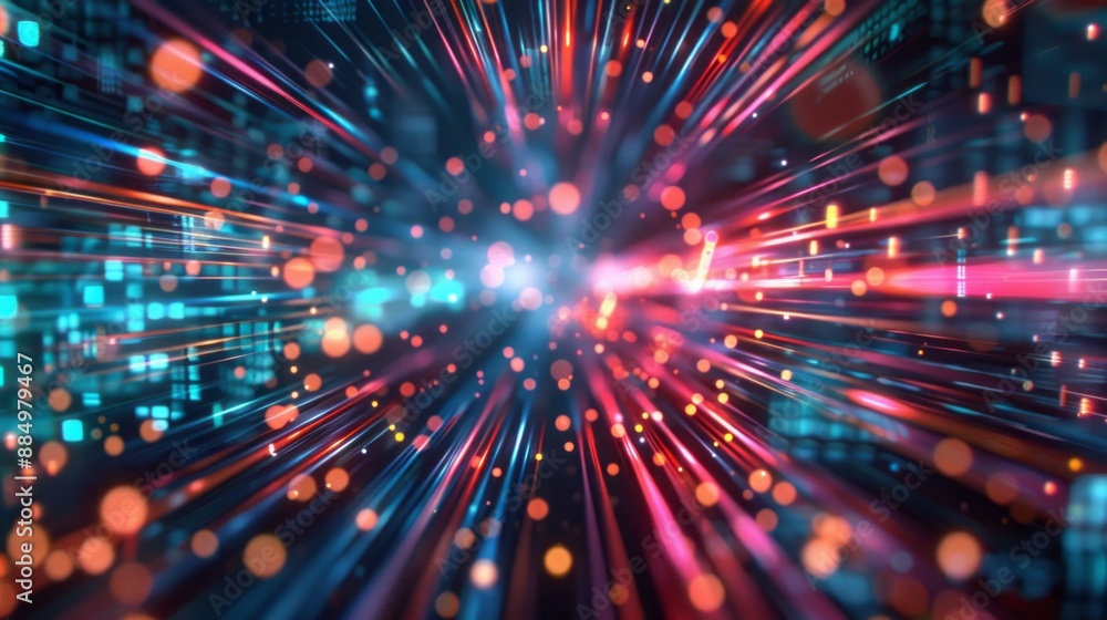 Poster futuristic digital abstract background featuring a complex network of glowing neon lines and geometr