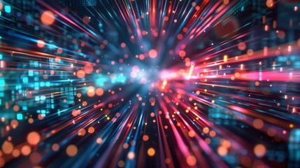 Futuristic digital abstract background featuring a complex network of glowing neon lines and geometric shapes, ideal for technology and innovation themes, perfect for modern web design, ai, and data v