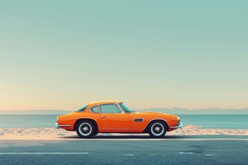 Vintage orange car by the beachside road under a clear sky