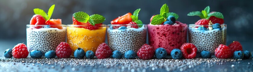 Vibrant chia pudding cups garnished with fresh raspberries, blueberries, and mint leaves, offering a delicious and healthy dessert option.