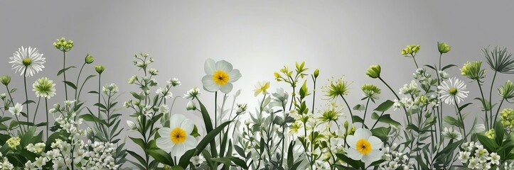 Fototapeta premium mini green flowers theme border and grey background website banner