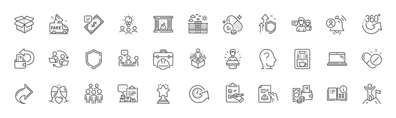 Construction toolbox, Checklist and Shield line icons. Pack of Teamwork process, Open box, Share icon. Psychology, Update time, Fake news pictogram. User notification, Winner, Silicon mineral. Vector