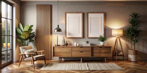 Stylish large vertical poster frame mock-up on a wooden bureau in a cozy living room with a gallery wall, warm lighting, and a minimalist interior design.