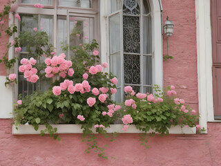 window with flowers in pots,Ai generated 