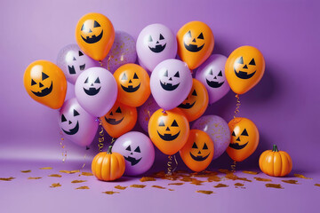 Happy Halloween holiday concept with friendly ghost balloons, jack-o-lantern balloons and gold confetti floating against on a lilac background.