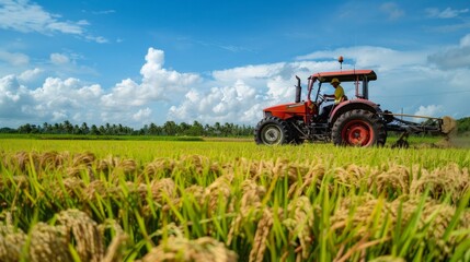 A young farmer using a modern tractor in a rice field, merging tradition and technology, clear blue sky, progress in agriculture