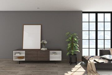 3d render of minimal interior design living room side the window with frame mockup. Light oak parquet floor, gray wall finish and white ceiling. Set 3