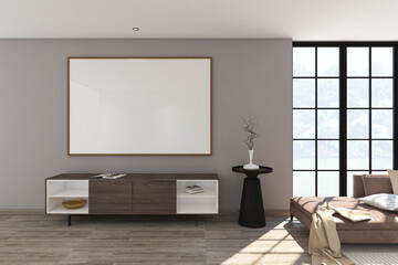 3d render of minimal interior design living room side the window with frame mockup. Light oak parquet floor, light gray wall finish and white ceiling. Set 6