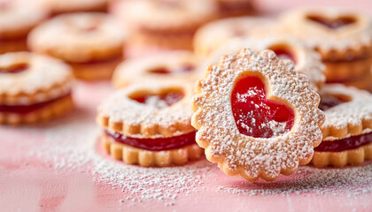 delicate Linzer cookies, featuring sandwich cookies with a heart-shaped cutout in the top layer, revealing a generous filling of raspberry jam